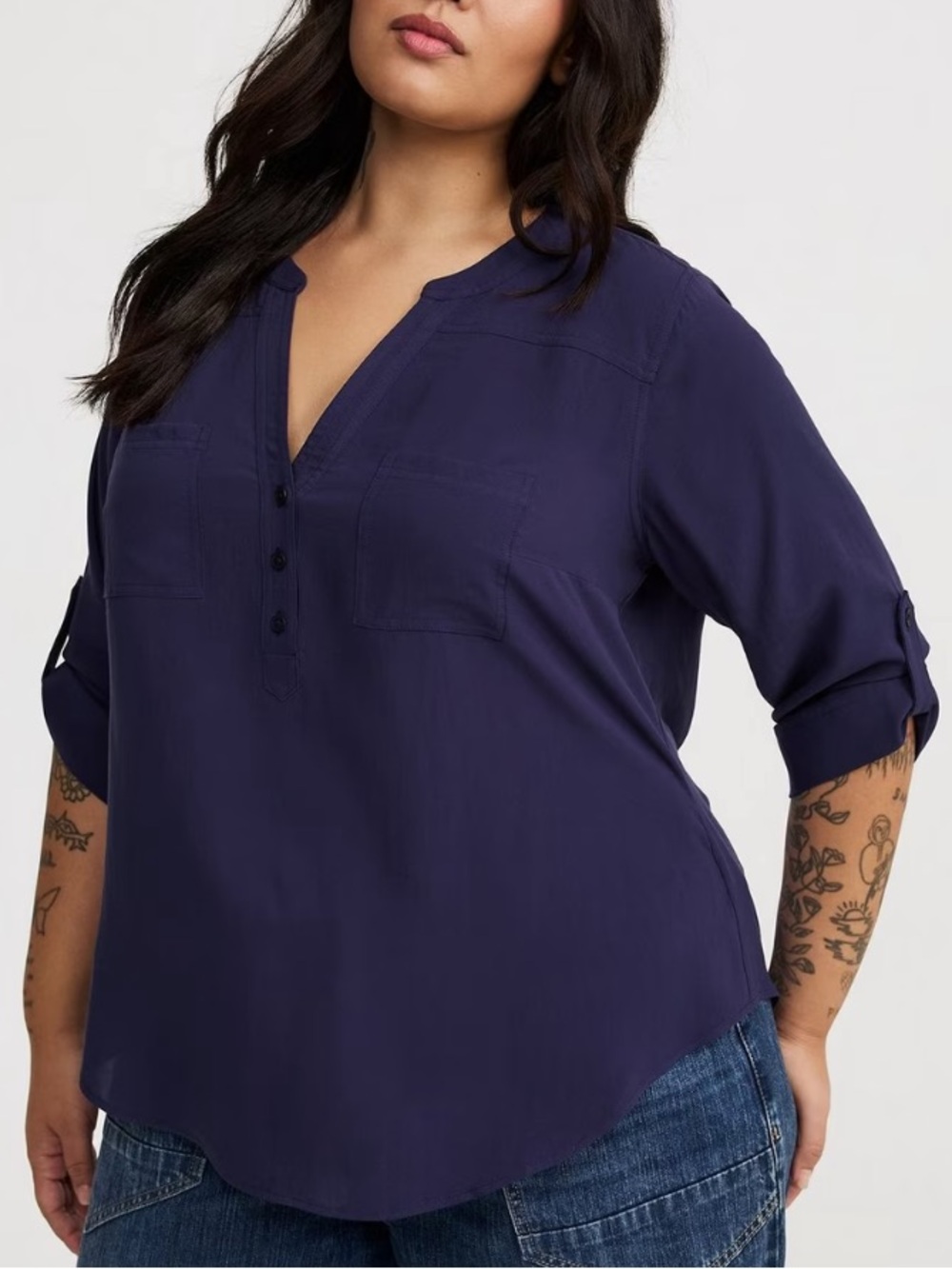 torrid Harper Challis Roll Tab Sleeve Blouse Navy Blue 3X